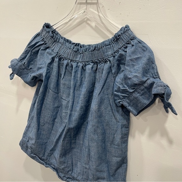 J. Crew Chambray Cotton Tie Sleeve Off The Shoulder Top - Picture 3 of 8